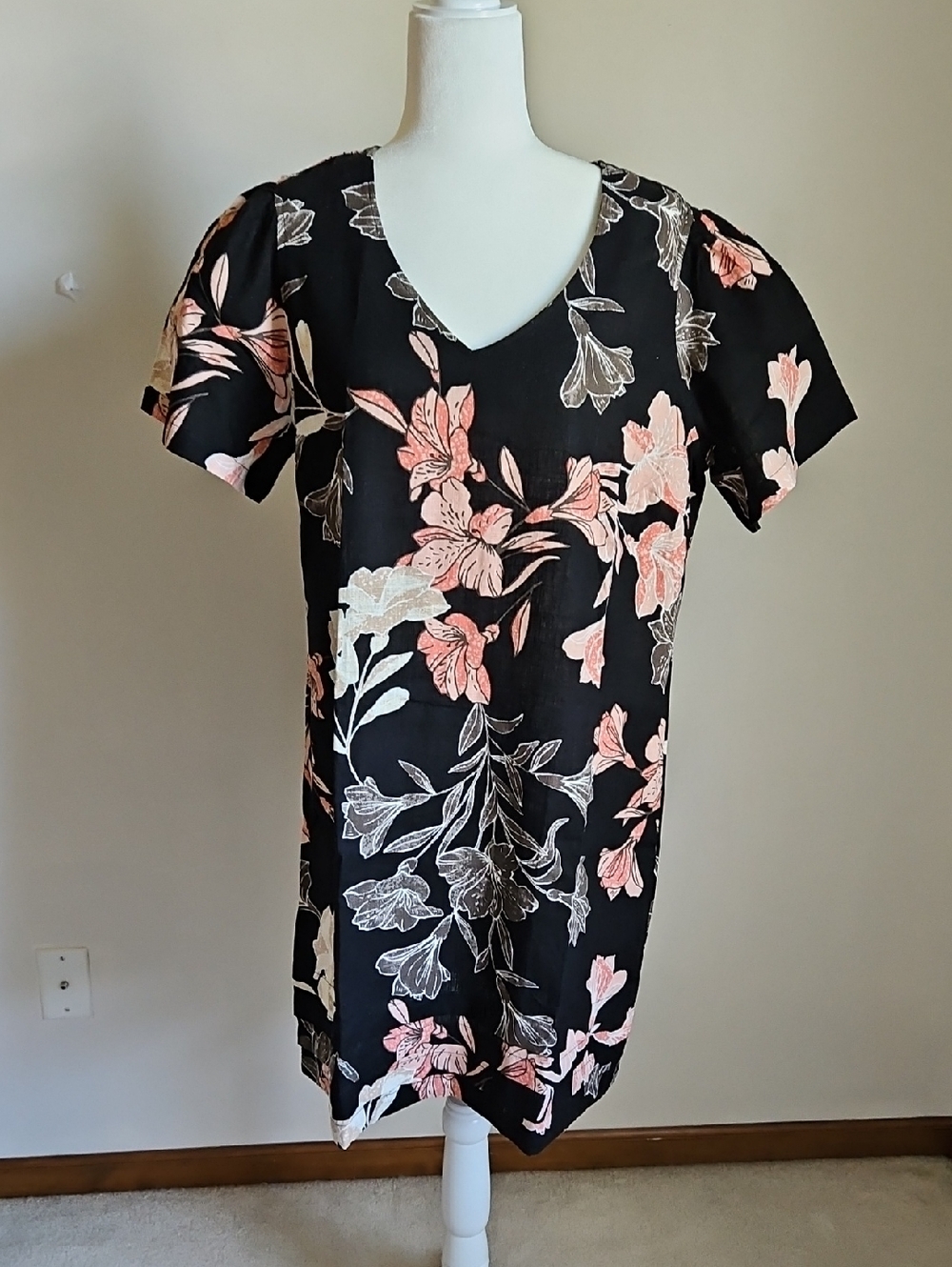 Nicole Miller Midi Dress Linen Blnd Tropical Floral Tiered Hem Black Peach